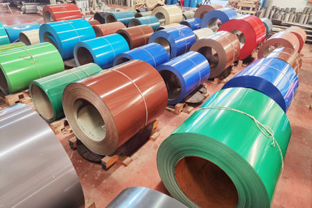 Steel sheet roll and metal sheets are placed on the floor in metal sheet factory.の写真素材