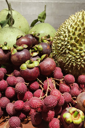 close up of fresh mixed fruits on table for backgroundの写真素材