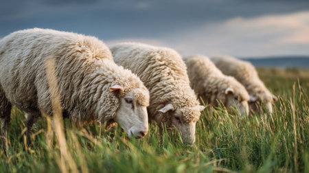 A serene scene depicting four sheep grazing peacefully on lush green grass beneath a dramatic sky, capturing the essence of rural tranquility and natural beauty.の素材
