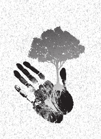 black tree silhouette on handprint isolate on blackのイラスト素材