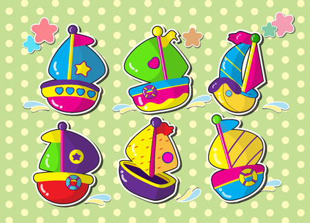 set of sailboat.vector cartoon style sticker.のイラスト素材