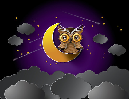 vector of owl and moon.paper cut style.のイラスト素材