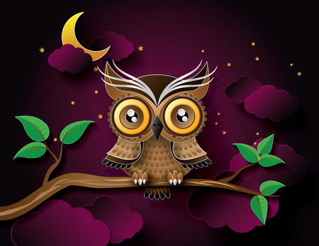 vector of owl hang on the tree with moon.のイラスト素材