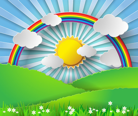 Abstract paper rainbow and sunshine. Vector illustration papercut style.のイラスト素材