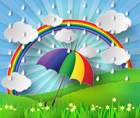 Colorful umbrella in the rain with rainbow.のイラスト素材