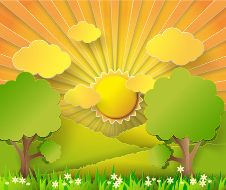 Vector illustration sunrise over fields.のイラスト素材