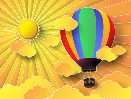 Vector illustration  colorful  hot air balloon with sunset.paper cut style.のイラスト素材