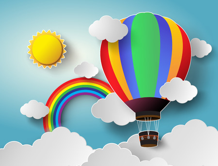 Vector illustration sunlight on cloud with hot air balloon.のイラスト素材
