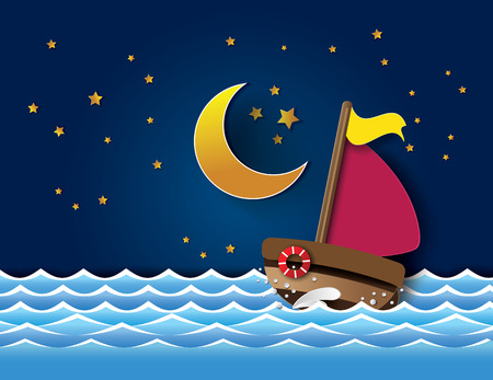 Vector of sailboat at night. paper cut style.のイラスト素材