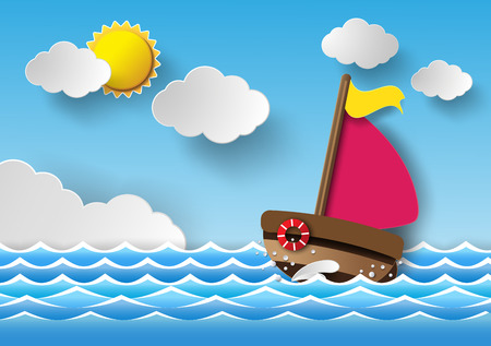 vector illustration sailing boat and clouds.paper cut style.のイラスト素材