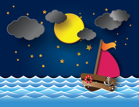 Vector illustration sailing boat at night.paper cut style.のイラスト素材