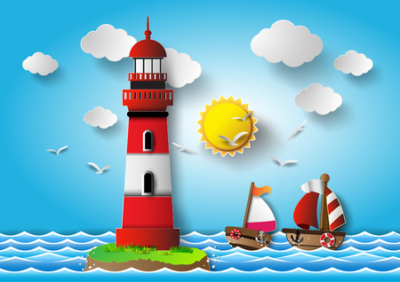 illustration  lighthouse with seascape.paper cut style.のイラスト素材