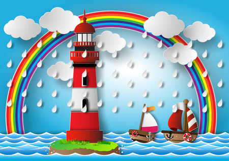 illustration  lighthouse with seascape.paper cut style.のイラスト素材