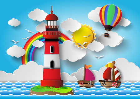 Vector illustration  lighthouse with seascape.paper cut style.のイラスト素材