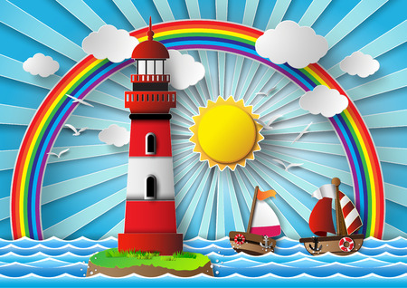 Vector illustration  lighthouse with seascape.paper cut style.のイラスト素材