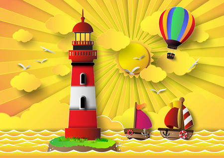 Vector illustration  lighthouse with seascape and sun set.paper cut style.のイラスト素材