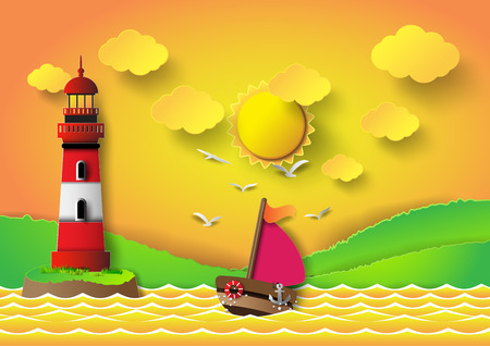 Vector illustration  lighthouse with seascape and sun set.paper cut style.のイラスト素材