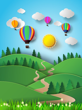 Vector illustration hot air balloon high in the sky with sunlight.paper cut style.のイラスト素材