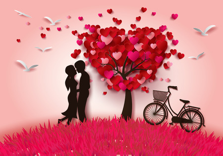 Vector illustration two enamored under a love tree,paper cut style. Vector illustration two enamored under a love tree,paper cut style.