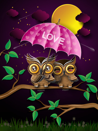 Vector backgrounds with couple of owls on the branch under full moon.のイラスト素材