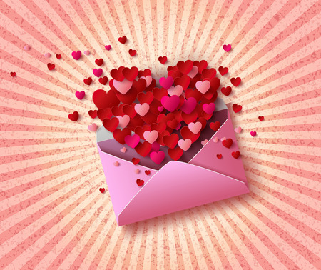 Vector illustration of Open envelope with  red hearts for valentine day.paperr cut style.のイラスト素材