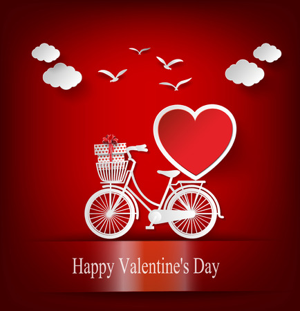 Greeting card with bike and air balloons in heart shape. vector illustration .paper cut style.のイラスト素材