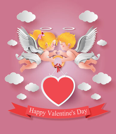 Vector illustration of cute boy and girl cupids. paper cut style.のイラスト素材