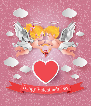 Vector illustration of cute boy and girl cupids. paper cut style.のイラスト素材