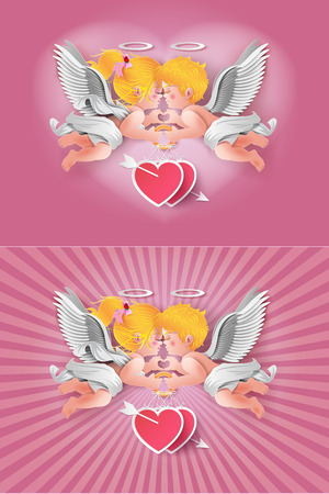 Vector illustration of cute boy and girl cupids. paper cut style.のイラスト素材