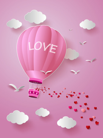 Hot air balloon with love.paper cut style.のイラスト素材