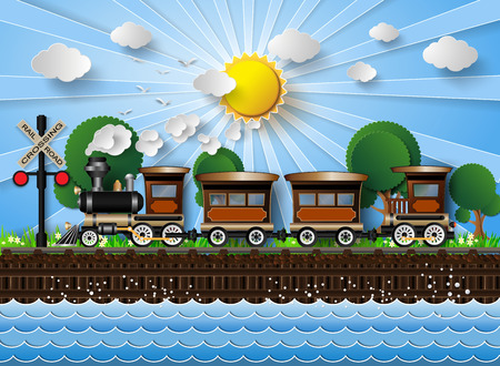 train on a background of sunshine.paper cut style.のイラスト素材