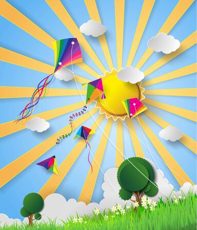 kite on sky with sunshine. paper cut styleのイラスト素材