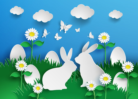 Easter background with eggs in grassのイラスト素材
