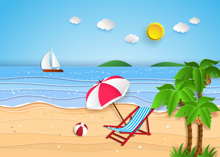 illustration of tropical beach. paper cut style.のイラスト素材