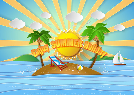 Tropical palm on island with sea and sunlight.vector illustration.のイラスト素材