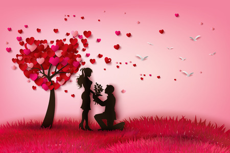 Vector illustration two enamored under a love tree,paper cut style.のイラスト素材