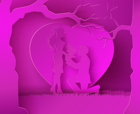Vector illustration two enamored under a  tree,paper cut style.のイラスト素材