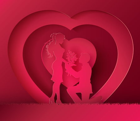 Couple in the heart shape.paper cut style.のイラスト素材