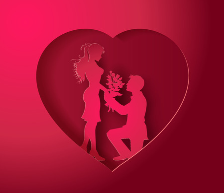 Couple in the heart shape.paper cut style.のイラスト素材