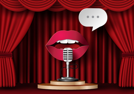 Lips are talking to the microphone on theater stage with red curtainのイラスト素材