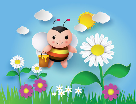 happy cartoon bee flying around with a brimful jar of delicious honeyのイラスト素材