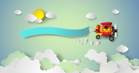 Flying  plane with paper cut style.のイラスト素材