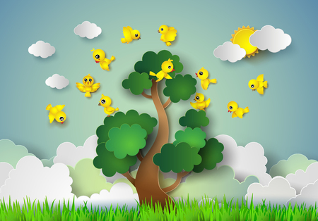 bird flying around a tree .paper cut style.のイラスト素材