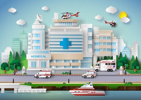 hospital building and emergency transport.のイラスト素材