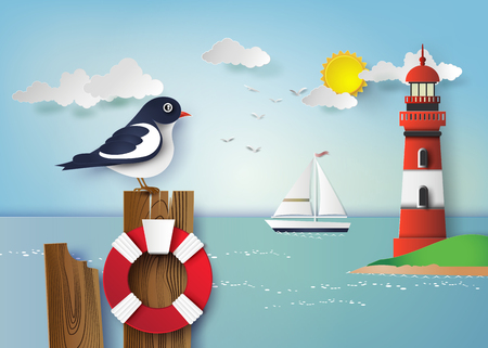 Seagull standing on a wooden post beside the seasideのイラスト素材