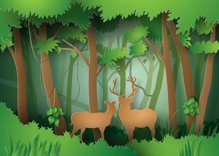 deers in the forest.paper cut styleのイラスト素材