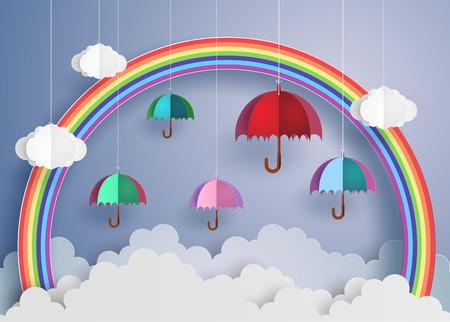 origami made colorful umbrella in the air with rainbow.のイラスト素材