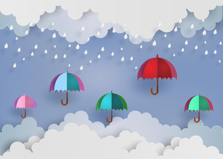 origami made colorful umbrella in the air with rainningのイラスト素材