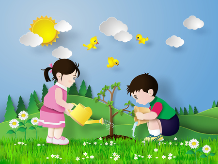 Child pouring water on the trees are growing.のイラスト素材