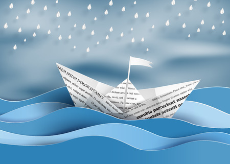 origami made paper sailing boat  and  rainingのイラスト素材